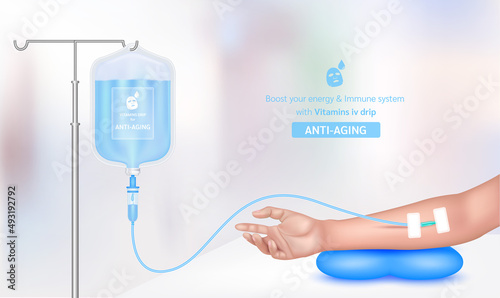Intravenous vitamin iv drip treatment in spa salon, clinic. Serum collagen vitamin inside saline bag for beauty blue. Used for giving injections for health and beauty anti-aging. Vector EPS 10.