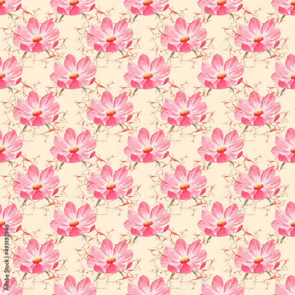 Seamless pattern of pink cosmea flower. Geometric pattern with flower buds. Symmetrically arranged flowers. Handmade watercolor for printing on fabric, paper. Summer wallpaper design blue background.