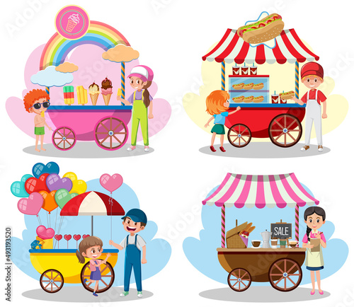 Flea market concept with set of different cart stores