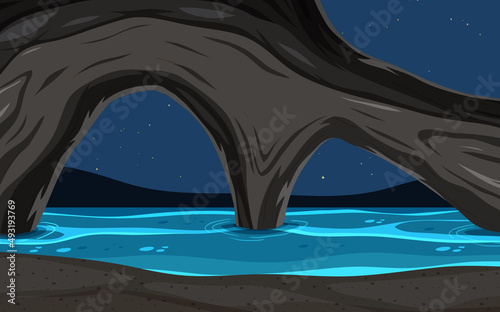 Sea cave at night background in cartoon style