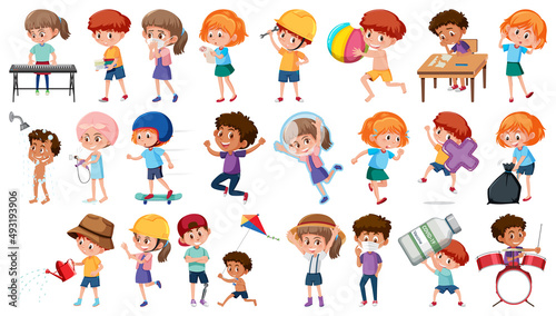Set of children doing different activities on white background
