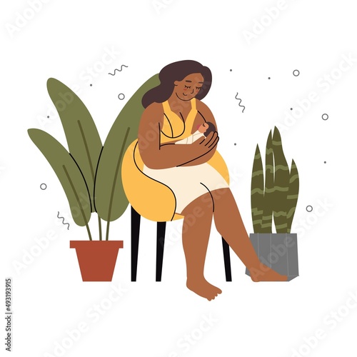 Woman is breastfeeding a baby while sitting in a chair around home plants. Young mothers feeding children. Happy motherhood, natural feeding concept. Flat style in vector illustration.