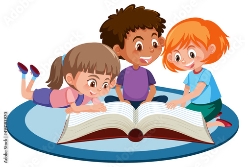 Three young children reading a book on white background