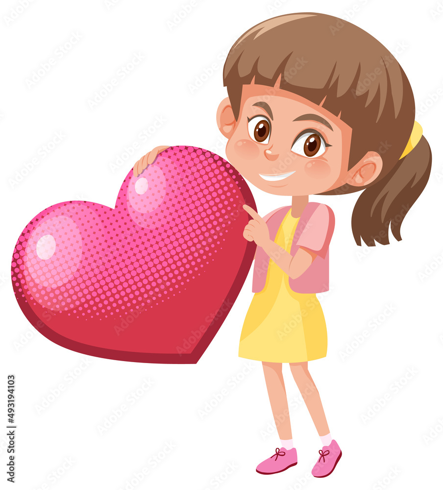 A girl holding pink heart in cartoon style A girl holding pink heart in cartoon style