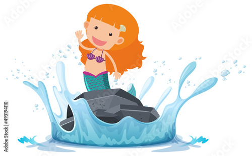 A water splash with mermaid on a stone on white background