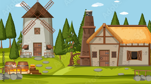 Medieval town scene with villagers