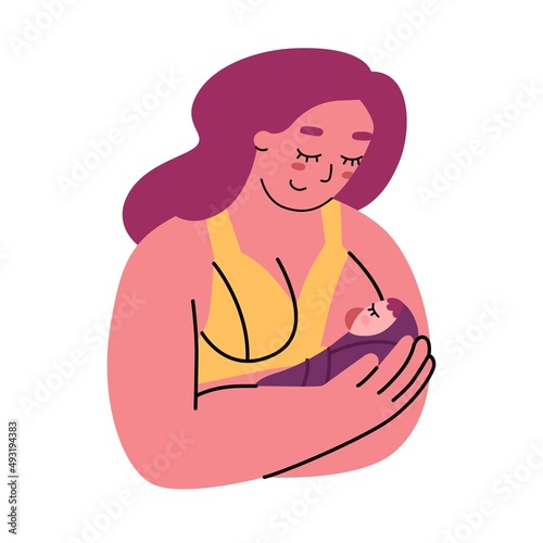 Woman is breastfeeding a baby. Young mothers feeding children. Maternity leave, happy motherhood, natural feeding concept. Flat style in vector illustration.