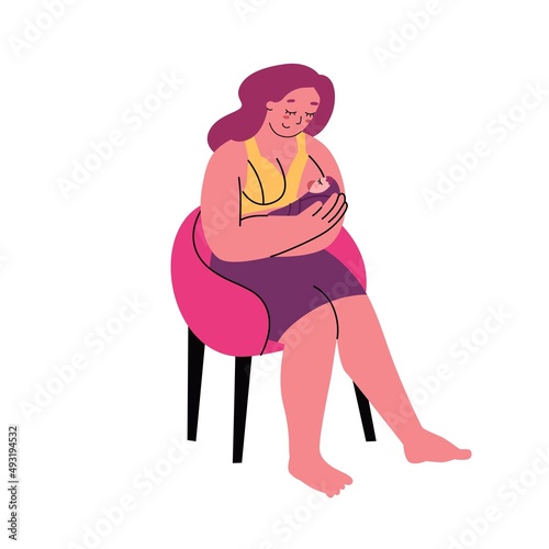 Woman is breastfeeding a baby while sitting in a chair. Young mothers feeding children. Maternity leave, happy motherhood, natural feeding concept. Flat style in vector illustration.