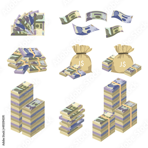 Jamaica Dollar Vector Illustration. Huge packs of Jamaican money set bundle banknotes. Bundle with cash bills. Deposit, wealth, accumulation and inheritance. Paper money 5000, 1000, 500 JMD.