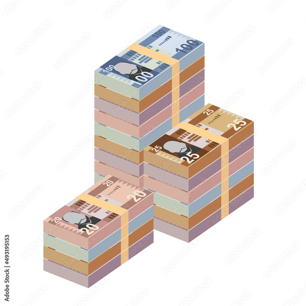 South Sudanese Pound Vector Illustration. South Sudan money set bundle banknotes. Paper money 20, 25, 50, 100 Db. Flat style. Isolated on white background. Simple minimal design.