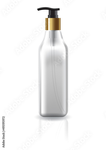Blank clear square cosmetic bottle with black-gold pump head for beauty product mockup template.