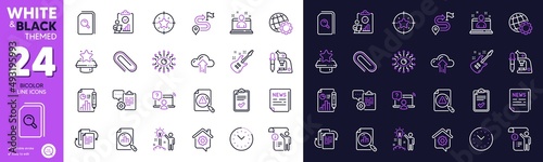 Creative idea, Search document and Paper clip line icons for website, printing. Collection of Checklist, Electric guitar, Time management icons. Microscope, Clipboard. Bicolor outline icon. Vector