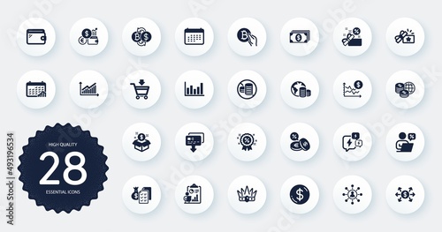 Set of Finance icons, such as Discount, Bitcoin exchange and Dollar rate flat icons. Online discounts, Card, Stress web elements. Calendar, Accounting wealth, World money signs. Circle buttons. Vector