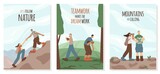 Happy hikers in the mountains in flat style vector set. Cute characters climb mountains, collect branches for a fire and explore the area. Motivational texts about nature, travel and teamwork