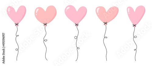 Pink heart balloons set. Heart shaped balloons with ribbon. Hand drawn party decoration. Flat vector elements
