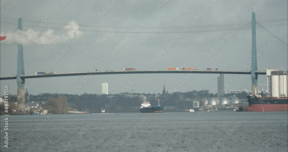 Cable-stayed bridge with traffic in Hamburg Germany. Wide shot. Cable-stayed bridge with traffic in Hamburg Germany. Wide shot.