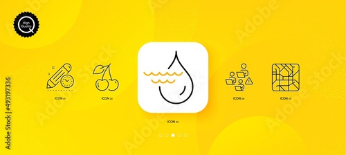 Cherry, Hydroelectricity and Metro map minimal line icons. Yellow abstract background. Teamwork, Project deadline icons. For web, application, printing. Vector