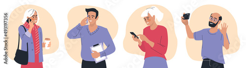 People with phone. A woman is talking on the phone, a man is calling on the phone. Set of vector images.