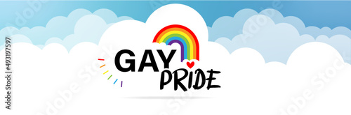 Gay Pride Banner - Title , rainbow, clouds and blue sky - Freedom and Joy