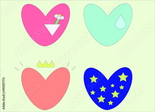 Four stickers in the shape of hearts. The first with a flower, the second with a tear, the third with a crown, the fourth with stars.