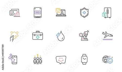 Best app, Hydroelectricity and Ssd line icons for website, printing. Collection of Friends chat, Card, Smartwatch icons. Arrivals plane, Seo gear, Refrigerator web elements. Puzzle. Vector