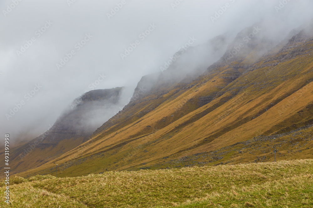 Mountain landscape on the island of Vagar, Faroe Islands.