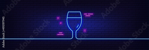 Neon light glow effect. Beer glass line icon. Pub Craft beer sign. Brewery beverage symbol. 3d line neon glow icon. Brick wall banner. Beer glass outline. Vector