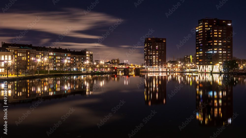 Coolhaven during the evening with the lights of the apartments reflecting in the water, Rotterdam, Netherlands