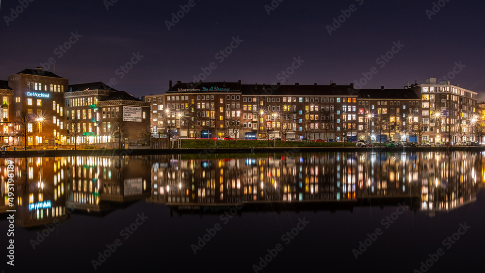 Coolhaven during the evening with the lights of the apartments reflecting in the water, Rotterdam, Netherlands