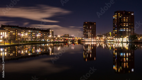 Coolhaven during the evening with the lights of the apartments reflecting in the water  Rotterdam  Netherlands