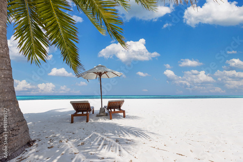 Amazing vacation beach. Chairs on the sandy beach near the sea. Summer romantic holiday concept for tourism. Tropical island landscape. Tranquil shore scenery, relax sand seaside horizon, palm leaves