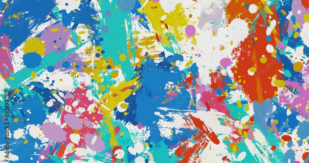 Seamless looped background with chaotic multicolored strokes and drops of paint. Modern creative background. Concept of paint splashes, art, modern, chaotic brushstrokes. 4K video footage