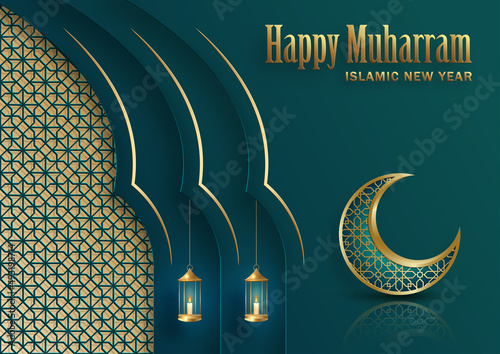 Happy Muharram, the Islamic New Year, new Hijri year design with gold pattern on color background