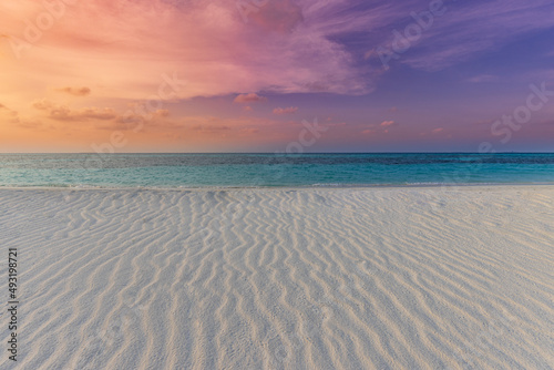 Dream sunset calm sea shore. Seaside of tropical beach landscape, exotic ocean horizon, relax inspirational, motivational nature scenic with colorful sky, closeup sand. Tranquil summer outdoor scenic