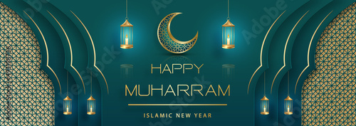 Happy Muharram, the Islamic New Year, new Hijri year design with gold pattern on color background