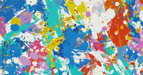 Seamless looped background with chaotic multicolored strokes and drops of paint. Modern creative background. Concept of paint splashes, art, modern, chaotic brushstrokes. 4K video footage