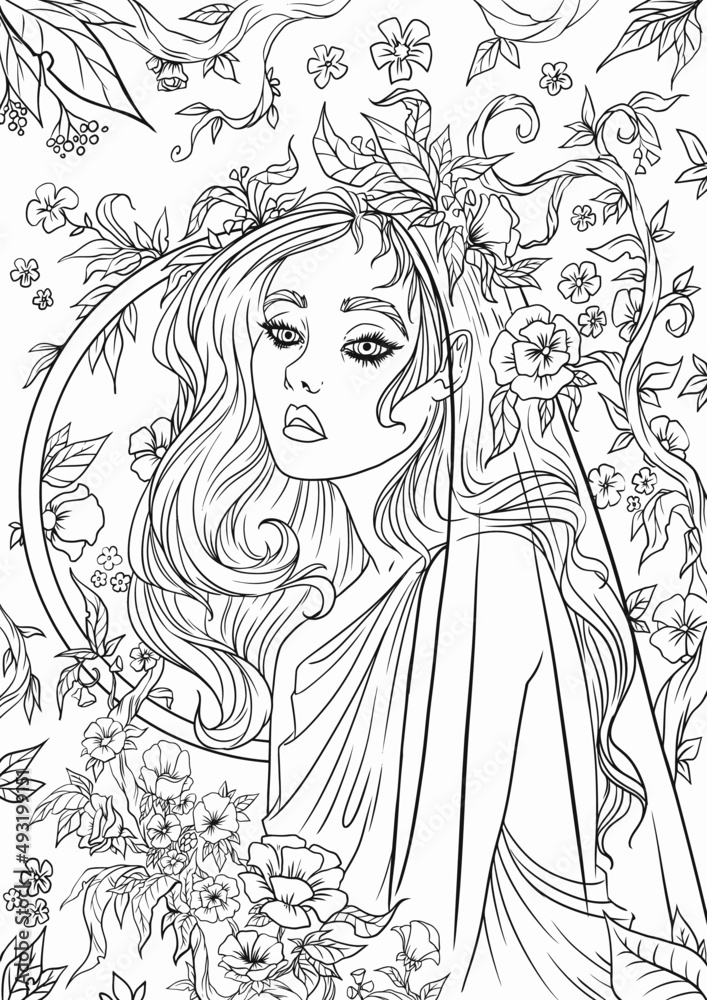 Pretty elegant girl with wreath. Vector. Hand drawn amazing floral artwork. Love bohemia concept for wedding invitation, card, ticket, branding, boutique logo, label. Coloring book page for adult
Pretty elegant girl with wreath. Vector. Hand drawn amazing floral artwork. Love bohemia concept for wedding invitation, card, ticket, branding, boutique logo, label. Coloring book page for adult
