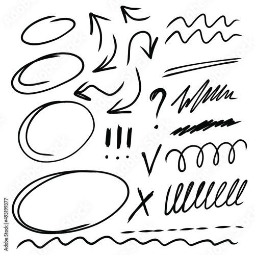 Highlight oval frames, arrows, underlines lines. Hand drawn scribble doodle circle set. Ovals and ellipses line template. Stock vector illustration isolated on white background.