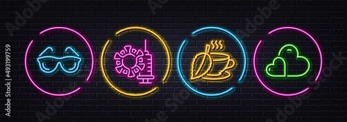 Mint tea, Coronavirus vaccine and Eyeglasses minimal line icons. Neon laser 3d lights. Care icons. For web, application, printing. Mentha beverage, Covid protection, Optometry. Share love. Vector