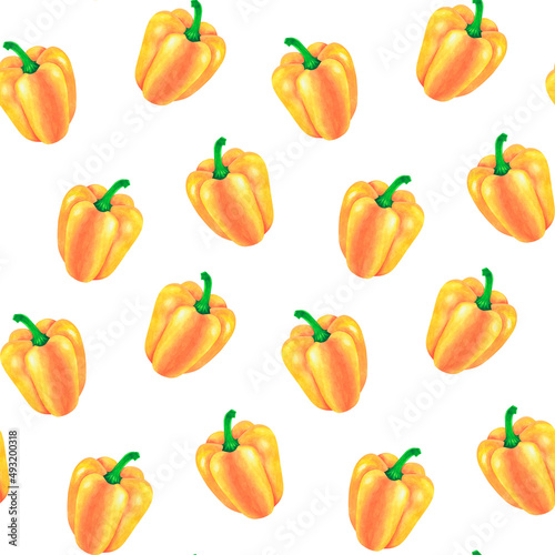 Seamless pattern. Yellow Bell pepper. Watercolor illustration. Isolated on a white background.