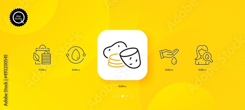 Moisturizing cream, Wash hands and Bio shopping minimal line icons. Yellow abstract background. Cold-pressed oil, Potato icons. For web, application, printing. Face lotion, Skin care, Leaf. Vector