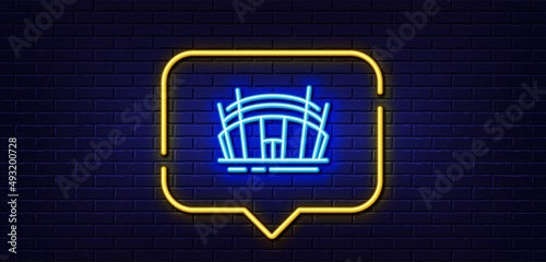 Neon light speech bubble. Arena stadium line icon. Sport complex sign. Championship building symbol. Neon light background. Arena stadium glow line. Brick wall banner. Vector