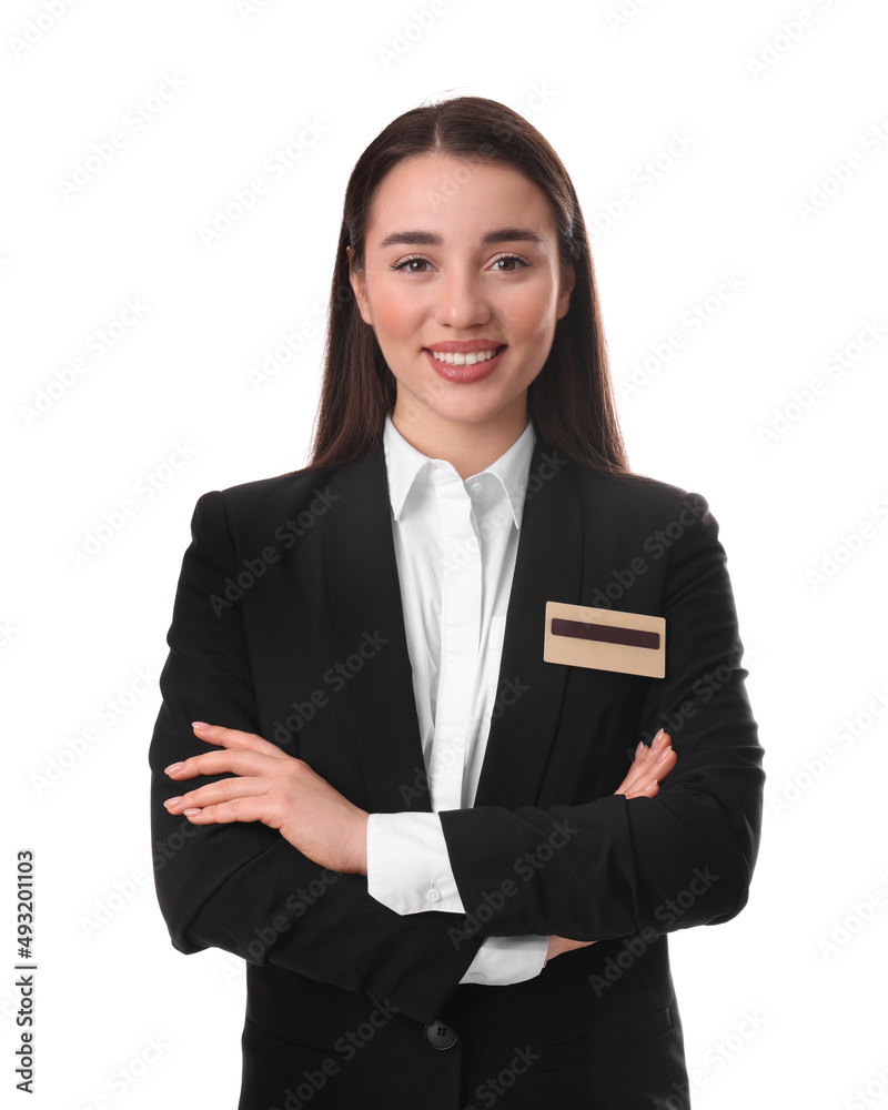 Portrait of happy young receptionist in uniform on white background Portrait of happy young receptionist in uniform on white background