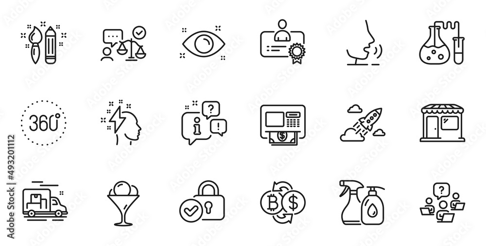 Outline set of Creativity, Certificate and Atm line icons for web application. Talk, information, delivery truck outline icon. Include Brainstorming, Chemistry lab, Startup rocket icons. Vector