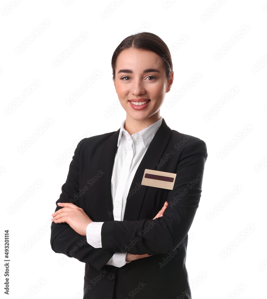 Portrait of happy young receptionist in uniform on white background Portrait of happy young receptionist in uniform on white background