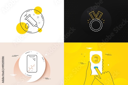 Minimal set of Smartphone broken, Flights application and Honor line icons. Phone screen, Quote banners. Medical syringe icons. For web development. Phone crash, Airport app, Medal. Vector