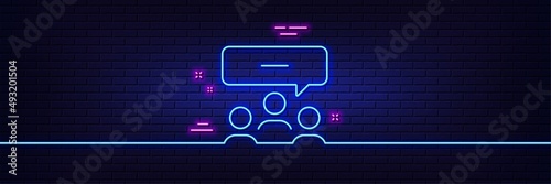 Neon light glow effect. Meeting line icon. Discussion or consultation sign. People communication management symbol. 3d line neon glow icon. Brick wall banner. Meeting outline. Vector