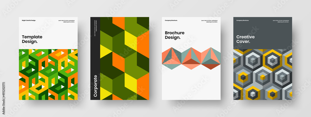 Trendy geometric hexagons magazine cover concept collection. Multicolored flyer design vector template composition.