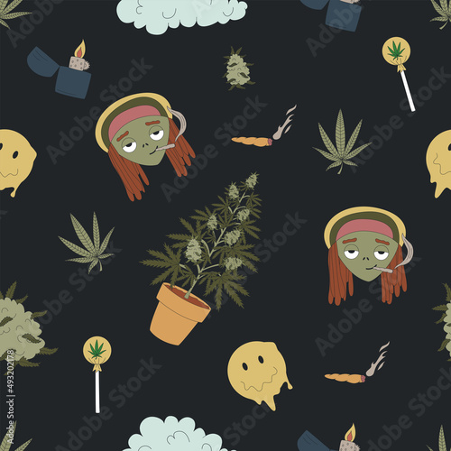 Hand drawn cannabis, marijuana elements seamless pattern. Lighter, pizza, cupcakes and more. Vector flat illustrations for t-shirt prints, posters and other uses.