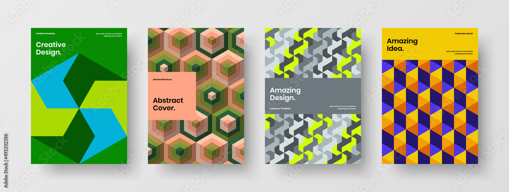 Amazing mosaic shapes corporate identity illustration composition. Fresh company brochure A4 vector design template set.